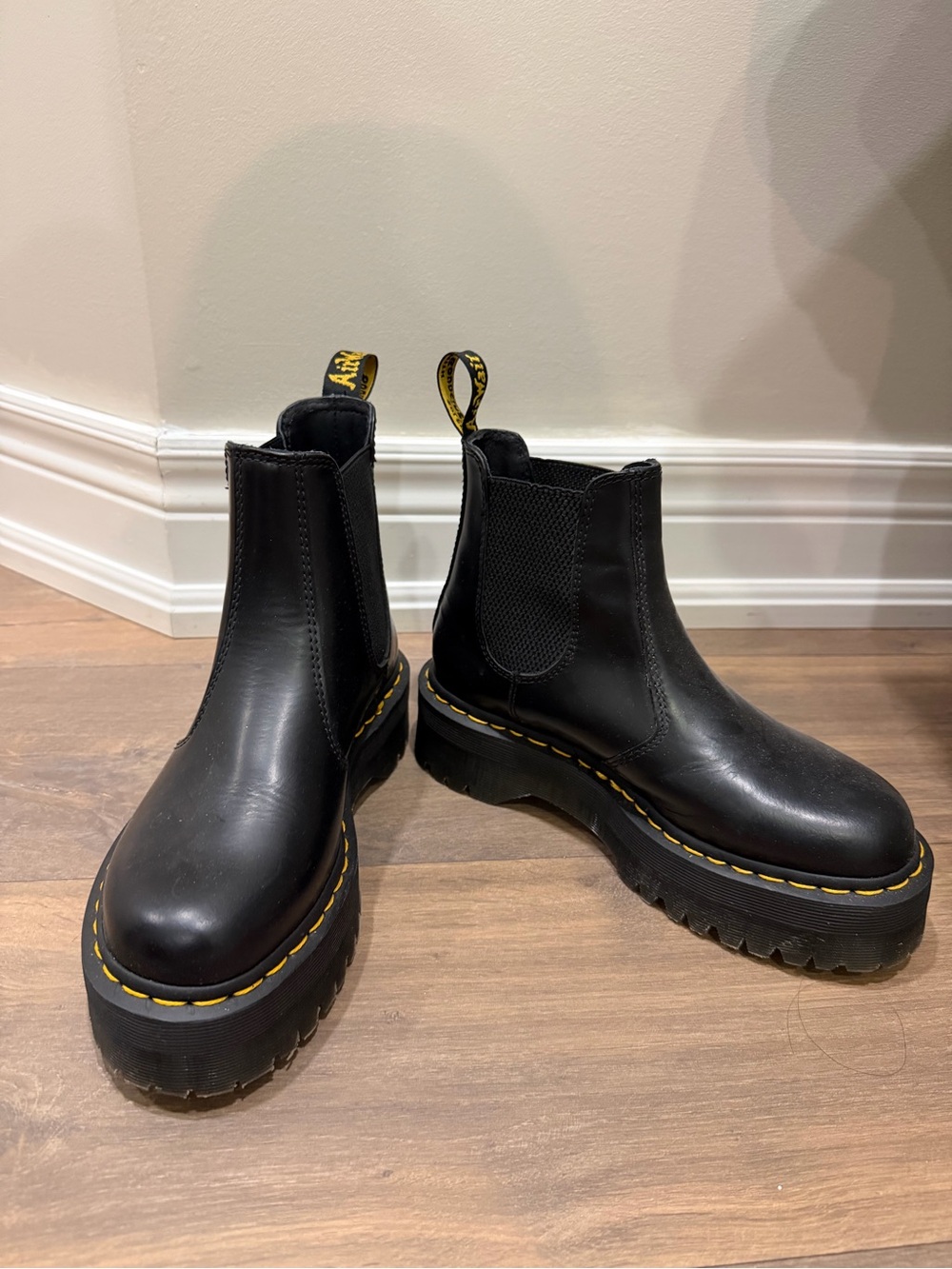 Dr. Martens Black Leather Platform Chelsea Boots with Yellow Stitching